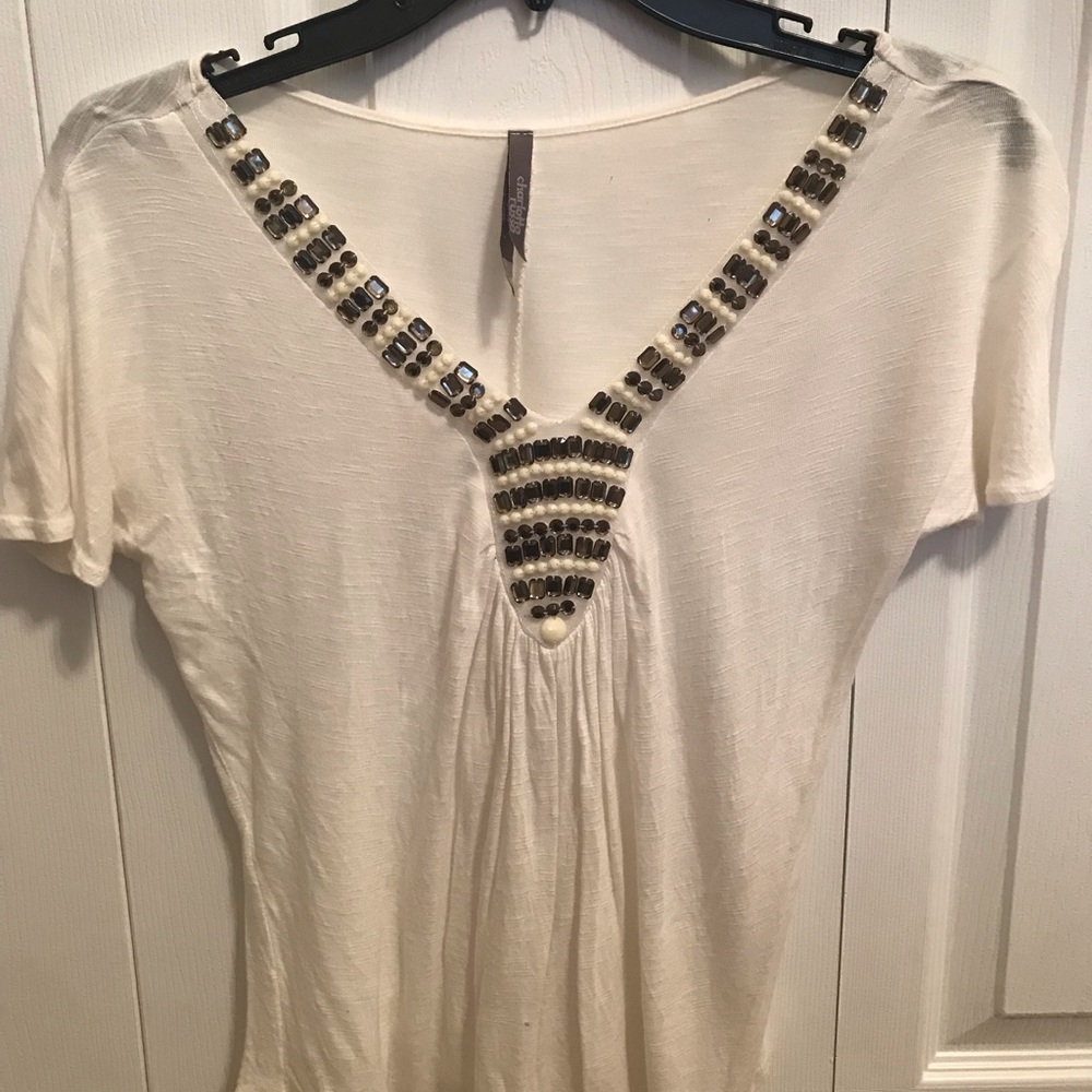 Off White Shirt with Rhinestone & Pearl Accents